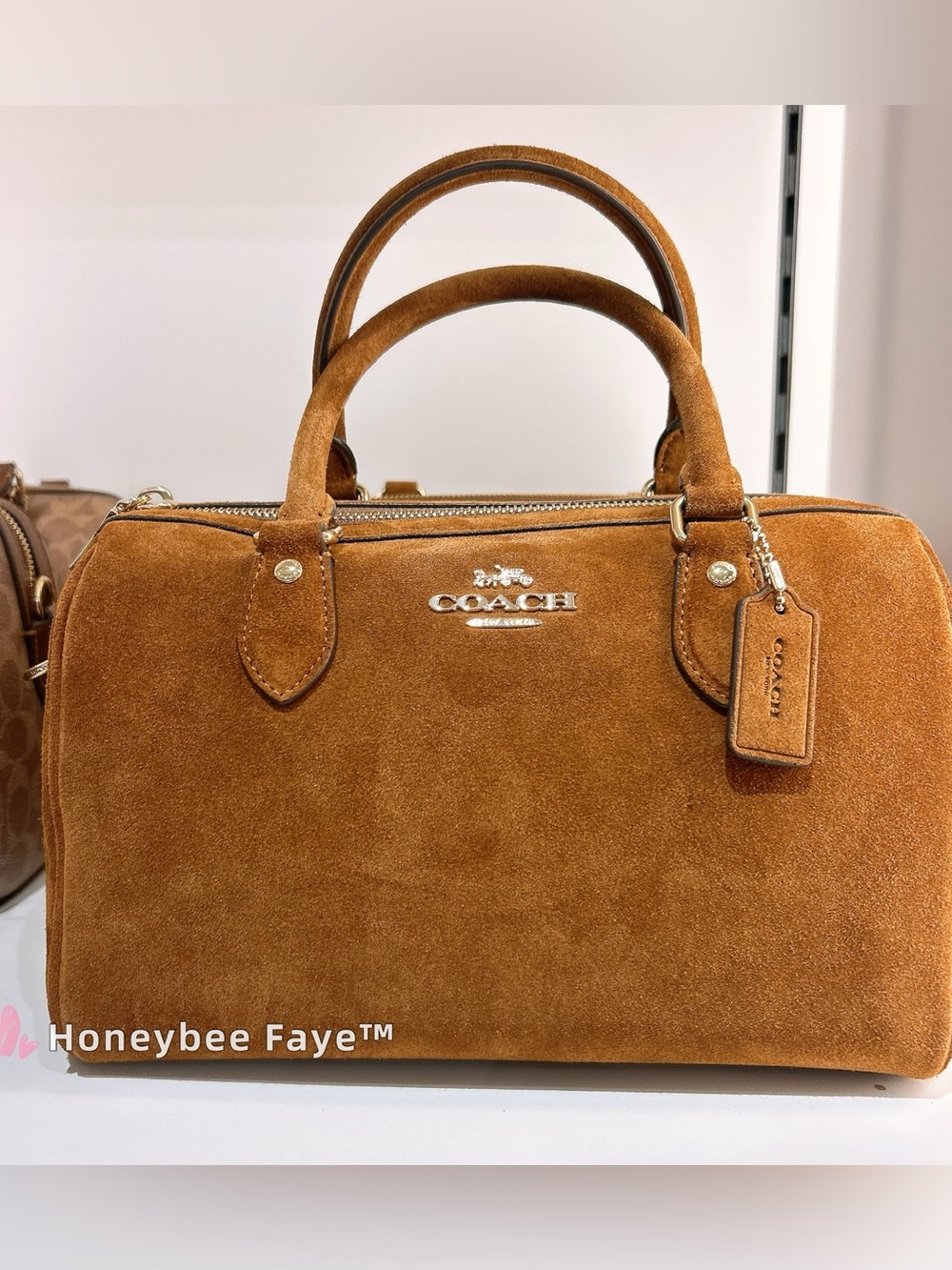 Coach Rowan Suede Satchel in Chestnut Tan color with long strap